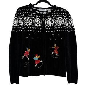 Alfred Dunner Fair Isle Ice Skaters Christmas Chenille Cardigan Black Large P